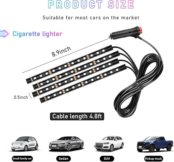 Ohleats Car LED Strip Light, 48 LED RGB Auto Interior Atmosphere Lights, Cigarette Lighter Under Dash Ambient Night Light, Interior Lamp Lighting Kit (Red, Cigarette Lighter)
