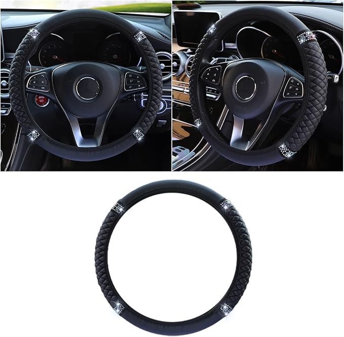JOYCOURT 15 Inch Bling Soft Leather Car Steering Wheel Cover, Black | Colorful Rhinestones Design, Auto Elastic Protector for Women Girls, Crystal Diamond Car Accessories for Most Cars, SUVs