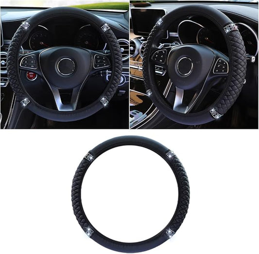 JOYCOURT 15 Inch Bling Soft Leather Car Steering Wheel Cover, Black | Colorful Rhinestones Design, Auto Elastic Protector for Women Girls, Crystal Diamond Car Accessories for Most Cars, SUVs