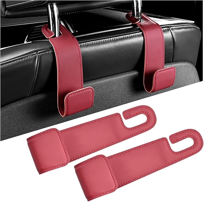 2PCS Car Seat Headrest Hook, Leather Vehicle Seatback Organizer Hanger for Hanging Purses Bags Coats, Auto Seat Back Storage Hook Accessories, Universal for SUV, Sedan, Truck (Red)