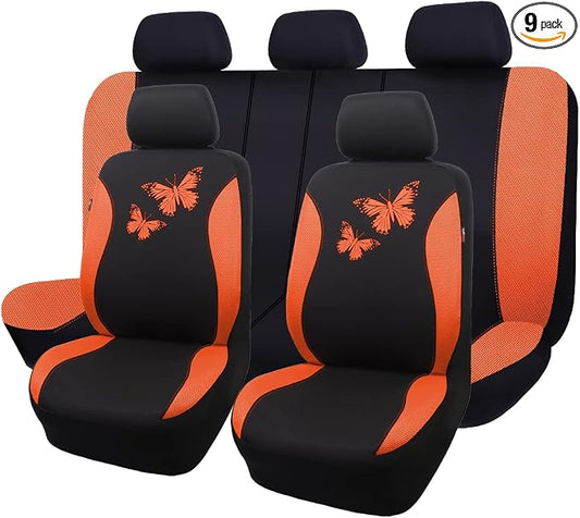 Flying Banner Butterfly car seat Covers ful Set Fashion Universal Lady Woman Female Rear Bench Split Colorized (Full Set, Orange)