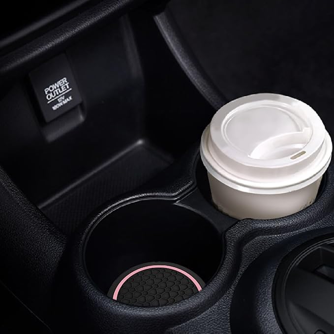 Car Cup Holder Coasters, Dustproof Automotive Interior Accessories Mat,2.75 Inch Non-Slip Insert Water Bottle Holder Pads, Universal for Vehicles, Trucks, RVs and More (Black/Pink, 4PCS)