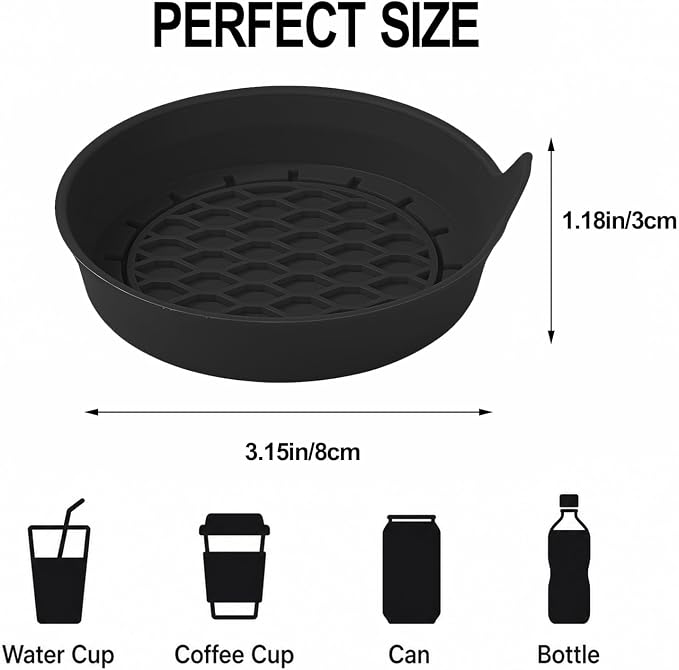 4 Pack Car Cup Holder Coaster, 3.15 Inch Non-Slip Silicone, Black | Cup holder insert, spill proof ,raised lip, honeycomb base, rinse clean, fits most sedans suvs trucks, automotive accessories
