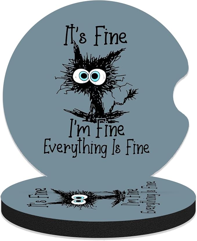 Car Coasters for Cup Holders - I'm Fine Funny Cat | 2 Pack Anti Slip Universal Rubber Car Cup Coaster for Women Men, Car Interior Accessories