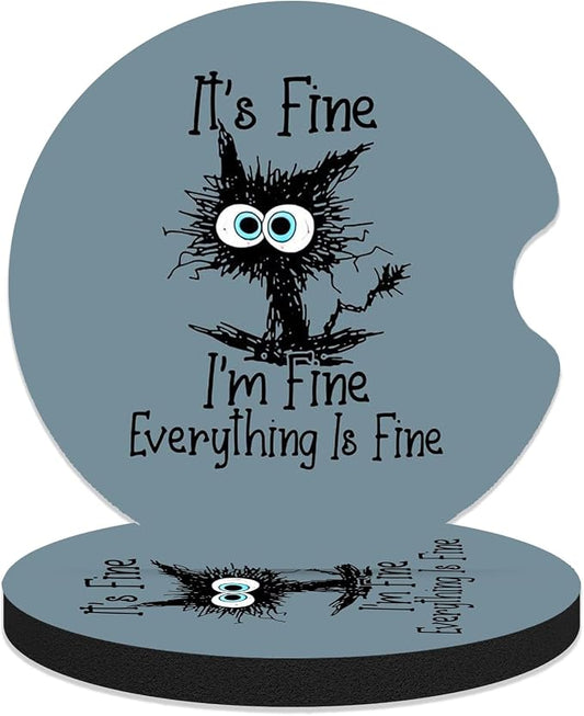 Car Coasters for Cup Holders - I'm Fine Funny Cat | 2 Pack Anti Slip Universal Rubber Car Cup Coaster for Women Men, Car Interior Accessories