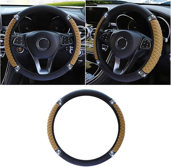JOYCOURT 15 Inch Bling Soft Leather Car Steering Wheel Cover, Beige | Colorful Rhinestones Design, Auto Elastic Protector for Women Girls, Crystal Diamond Car Accessories for Most Cars, SUVs