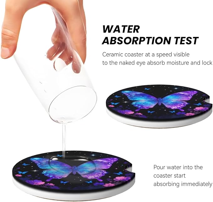 Butterflies Starry Sky Flowers Shimmering 2 Pack Car Cup Holder Coasters Absorbent Ceramic Drink Coasters 2.56" Anti Slip Cup Mat with Cork Base and Finger Notch Auto Accessories for Women Men
