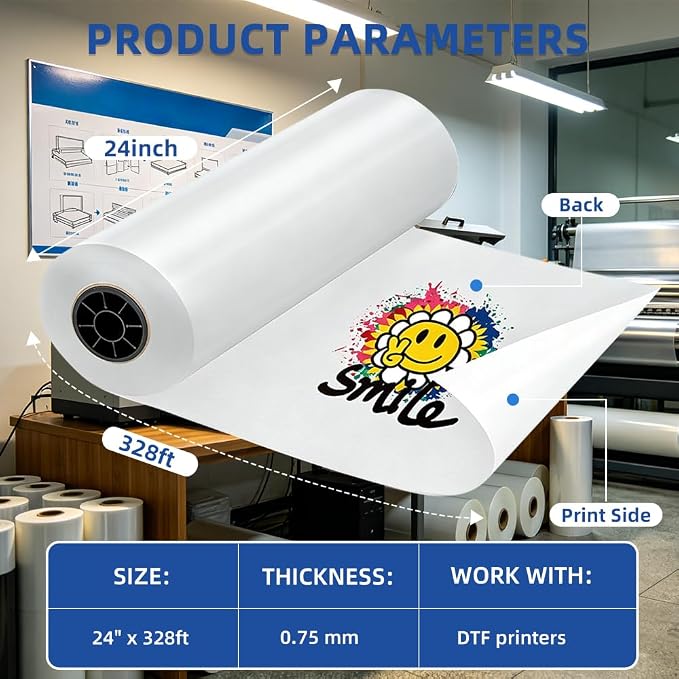 DTF Transfer Film Roll 24"x328FT,Double-Sided Matte Pretreat Film | Hot&Cold Peel,PET Heat Transfer Paper for DTF Inkjet Printer Direct Print on T-Shirts and All Color Fabrics,Wash Durable