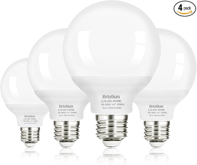 Brtstiun G25 LED Light Bulbs, Round Vanity Light Bulbs for Bathroom, 40W Equivalent, Cool White 4000K, E26 Base Globe Light Bulb, 600LM, Non-Dimmable, 4-Pack