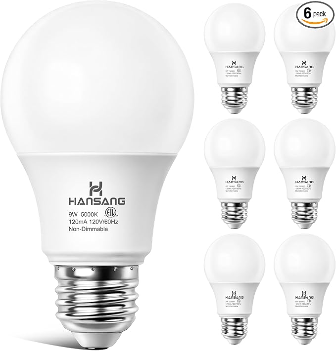 A19 LED Light Bulbs, 60W Equivalent, Daylight 5000K E26 LED Bulb, Efficient 9W, 800 Lumens, 120V, CRI 85, Eye-Friendly for Bedroom Living Room, Non-Dimmable, 6 Pack