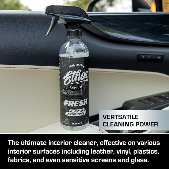 Ethos FRESH - All Purpose Interior Cleaner Car Detailing Kit, Detailing Spray - Car Interior Detailing - Interior Cleaner for Cars, Trucks, SUVs, Jeeps, Motorcycles, RVs & More (16oz FRESH & Scrubber)