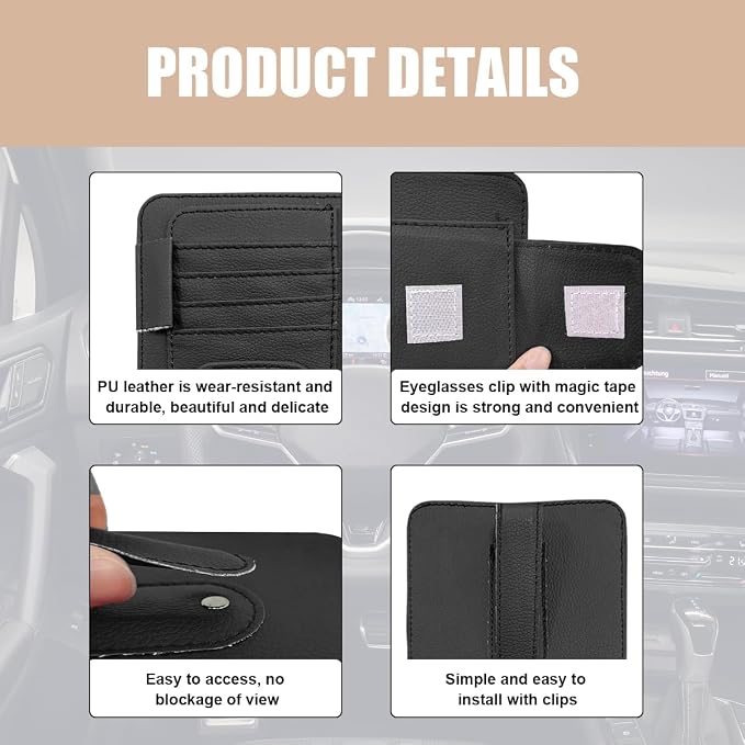Augeny 2 PCS Car Sun Visor Organizer, Small Auto Visor Organizer and Storage, Registration and Document Holder for Sunglasses, Card, Pen, Driver License, Car Accessories (Black)