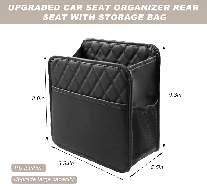 DXNQ Car Seat Back Organizer, Large Capacity Foldable Car Seat Back Hanging Bag with 3 Extra Pockets, Waterproof Leather Auto Seats Storage Organizer, Car Travel Essentials Accessories (Black)