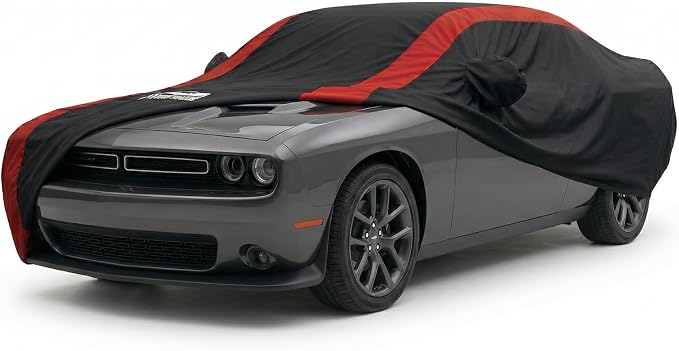 Challenger Car Cover Waterproof All Weather with Red Strip Design, Custom Fit for Dodge Challenger 2008-2026 SXT GT R/T Scat Pack SRT Hellcat, Challenger Accessory with Door Zipper & Windproof Straps