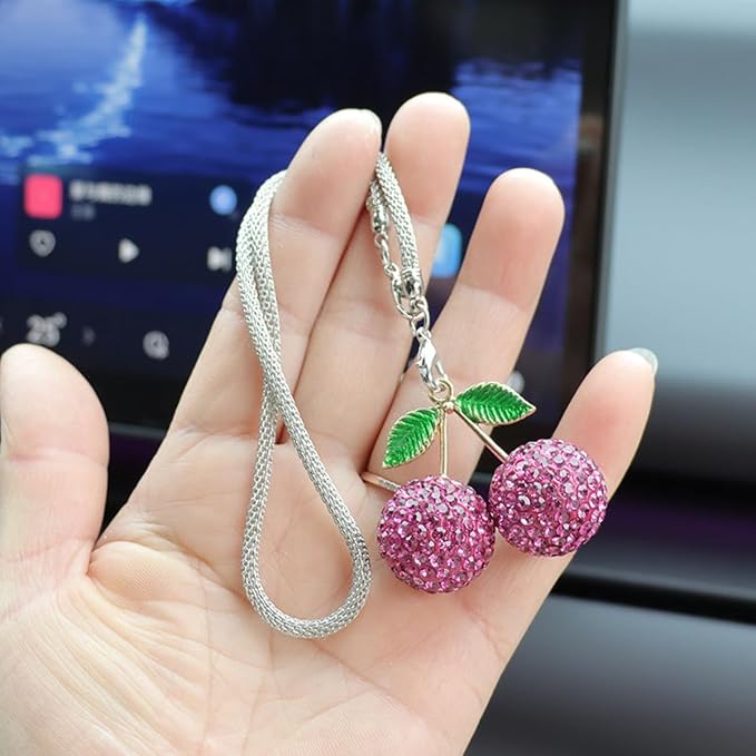 Bling Cherry Car Hanging Ornament, Cute Crystal Rear View Mirror Pendant, Sparkly Diamond Rearview Mirror Charms, Lucky Car Interior Decor Accessories (Purple)