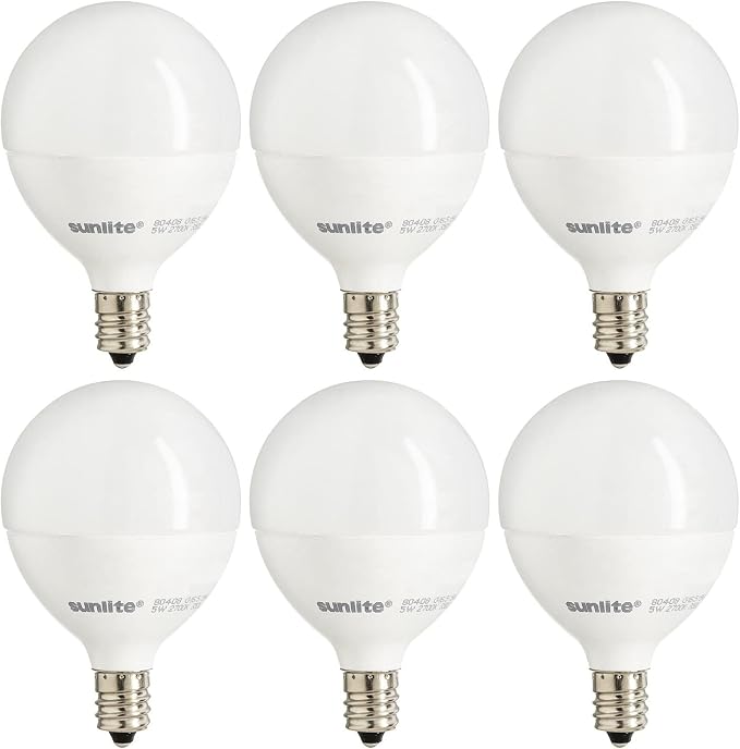 Sunlite G16.5 Light Bulb LED, 7 Watts (60W Equiv.), 500 Lumens, Dimmable, Type G Globe Shape E12 Candelabra Base, Short Bulbs, Vanity Mirror Bulbs, Energy Star, 2700K Soft White, Frosted, 6 Count