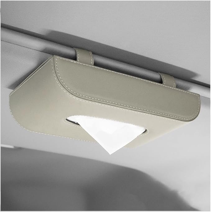 Car Tissue Holder, Rectangular Leather Sun Visor Napkin Case with Tissue Refill, Universal Mask Dispenser Hanging Paper Towel Organizer for Most Vehicles, Car Accessories (Beige)