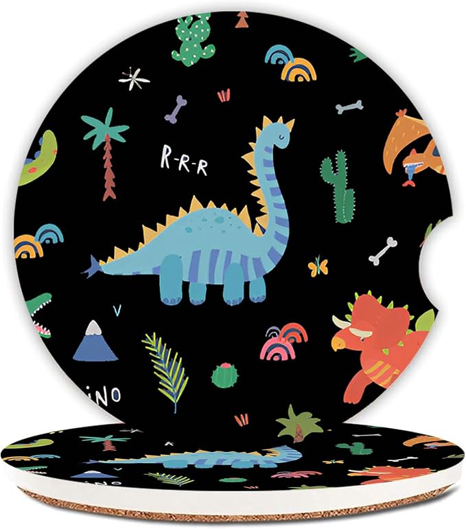 Cute Dinosaur Cup Holders Car Coasters Set for Women/Men,2.56" 2 Pack Universal Auto Anti Slip Coaster with A Finger Notch,Ceramic Stone with a Finger Notch for Easy Move.