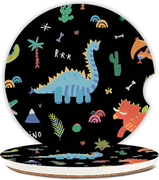 Cute Dinosaur Cup Holders Car Coasters Set for Women/Men,2.56" 2 Pack Universal Auto Anti Slip Coaster with A Finger Notch,Ceramic Stone with a Finger Notch for Easy Move.