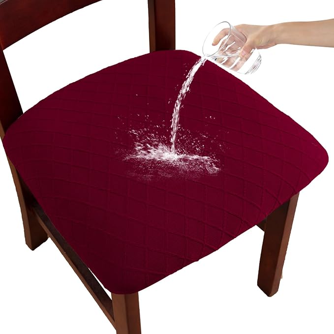 Waterproof Chair Seat Covers Set of 4 for Dining Room, Stretch Removable Washable Dining Chair Seat Slipcovers for Home, Restaurant, Banquet,Kitchen Chair Seat Cushion Protector (Wine, Large)