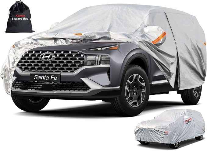 Kayme 6 Layers SUV Car Cover Custom Fit for Hyundai Santa Fe (2006-2025) Waterproof All Weather for Automobiles, Outdoor Full Cover Rain Sun UV Protection.Silver