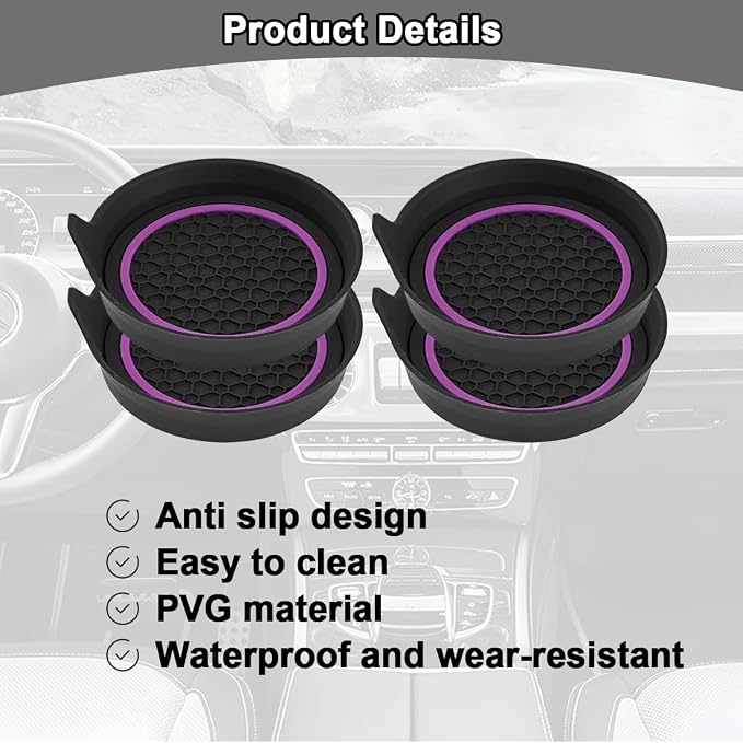 HZEL Car Cup Holder Coasters, 4PCS Non Slip Waterproof Vehicle Water Bottle Pads, Recessed Automotive Interior Drink Mat Decoration Accessories, Universal for SUV Sedan Truck (Purple/Black)