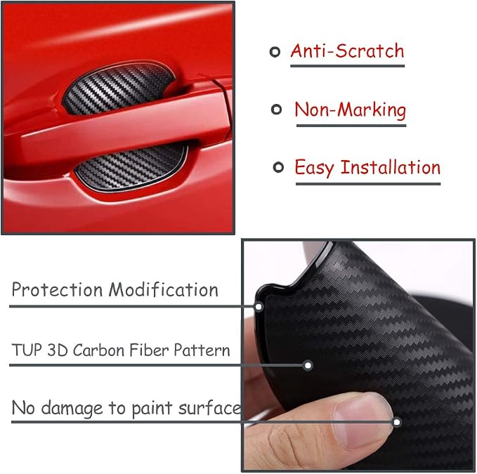 4Pcs Universal 3D Carbon Fiber Car Door Handle Paint Scratch Protector Sticker Auto Door Handle Cups Protective Pad (M)