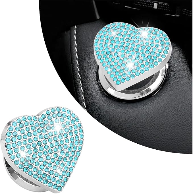 Bling Push Start Button Cover with Rhinestone,Heart Push to Start Button Cover for Car Decor,Diamond Engine Start Buttons Cover Car Accessories Interior for Women & Girl (Blue)