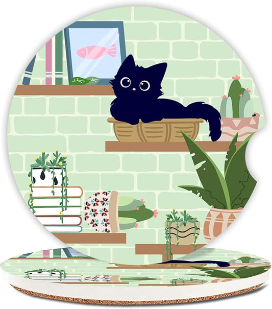 Ceramic Cup Holders Car Coasters Set for Women/Men,Drink Cup Car Holder Coasters with A Finger Notch 2.56" Pack of 2（Cute Black Cat 2）
