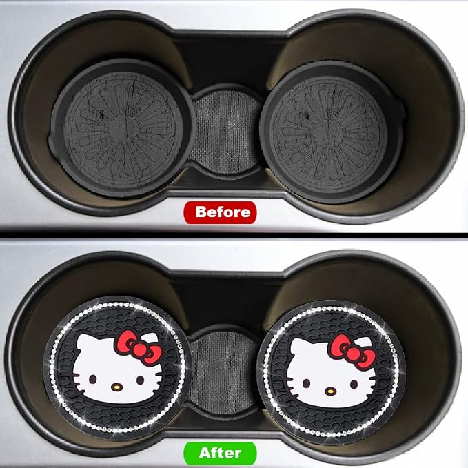 2PCS Cute Kitty Cup Holder Coasters, Black Silicone Anti-Slip Car Coasters,Cup Pads for Home Office,Universal 2.75 Inch