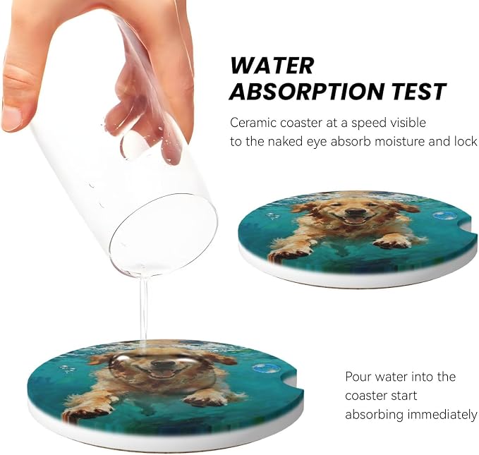 Golden Retriever Underwater 2 Pack Car Cup Holder Coasters Absorbent Ceramic Drink Coasters 2.56" Anti Slip Cup Mat with Cork Base and Finger Notch Auto Accessories Interior for Women Men