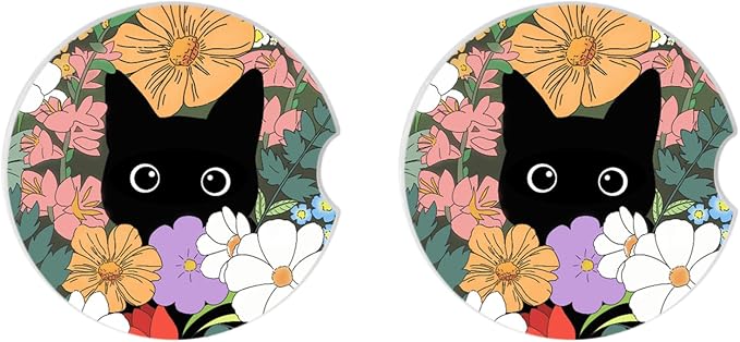 Cute Black Cat Car Coasters for Drinks Absorbent, 2 Pack Cup Holders, 2.56" Ceramic Stone & Non-Scratch Cork Base Coasters, Auto Accessories for Women & Men