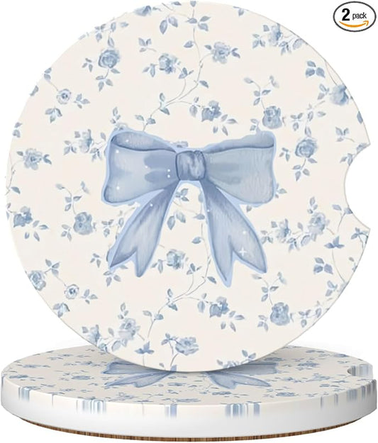 Absorbent Car Coasters for Cup Holders, 2 Pack Universal Anti Slip Ceramic Cup Coaster for Women Men 2.56 Inch Car Interior Accessories - Blue Bow Tie Flower
