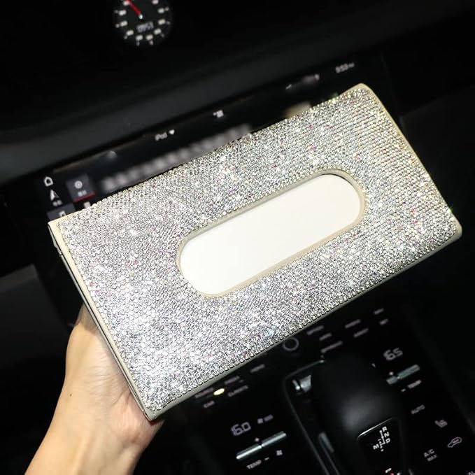 【2026 Upgraded】 Bling Car Sun Visor Tissue Box with Refills Paper Towels, PU Leather Backseat Mask Case,Crystal Sparkling Napkin Holder, Handmade Decoration Accessories for Women,Girls,Ladies as Gift