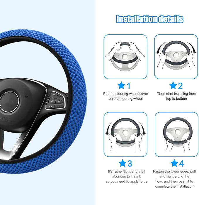 Car Elastic Stretch Steering Wheel Cover, 14.5-15" Breathable Ice Silk Anti-Slip Vehicle Steering Wheel Protector, Comfy Auto Interior Protection Accessories, Universal Fit (Blue)