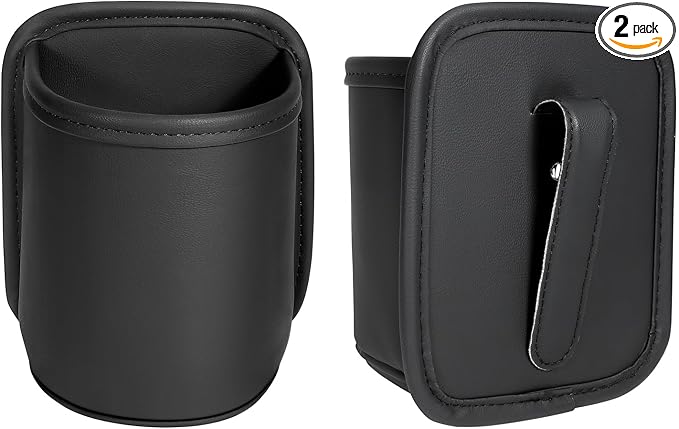 Leather Car Cup Holder Organizer (2-Pack) | Anti-Sag Clip On Drink Cupholder for Back Seat, Car Side Door, Headrest | Premium Extra Automotive Cup Holders for Water Bottles, Tumblers & Coffee Mugs