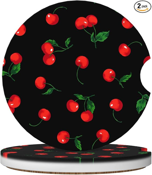 Cherry Watercolor Car Cup Holder Coasters 2 Pack 2.63" for Women | Pattern Universal Anti Slip Ceramic Absorbent Coaster with Cork Base and Finger Notch Cute Car Accessories Interior