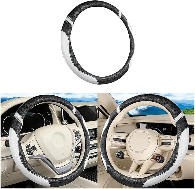 Car Steering Wheel Cover, Leather Anti-Slip Stretch Breathable Vehicle Steering Wheel Protector, Automotive Interior Protection Accessories for Men Women, Universal Fit (Black/White)