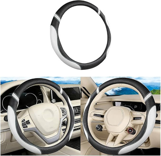 Car Steering Wheel Cover, Leather Anti-Slip Stretch Breathable Vehicle Steering Wheel Protector, Automotive Interior Protection Accessories for Men Women, Universal Fit (Black/White)