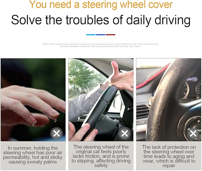 Leather Car Steering Wheel Cover, Elastic, Breathable Anti-Slip, Universal 15 inch, Steering Wheel Cover for Men Women (Blue)
