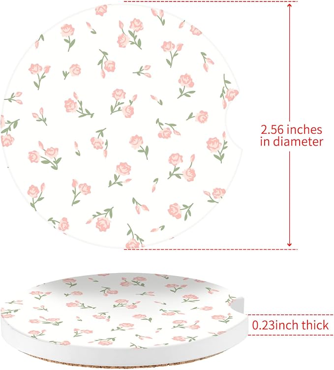 Vintage Flowers Car Coasters,Absorbent 2 Pack for Cup Holders with Finger Notch,2.56 inches Ceramics Heat Resistant Anti Slip Cork Base Car Drinks Coasters Auto Cup Holder