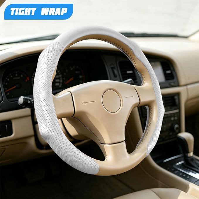 Car Steering Wheel Cover, Comfortable Grip Non-Slip Breathable Vehicle Steering Wheel Protector, Automotive Interior Decoration Accessories, Universal Fit (White)