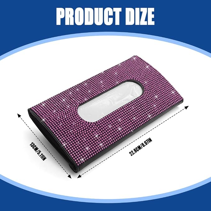Bling Car Sun Visor Tissue Box Holder, Visor Accessories, Rhinestone PU Leather Crystal Sparkling Napkin Holder, Auto Sun Visor Paper Towel Cover Case Accessories for Most Cars (Pink)