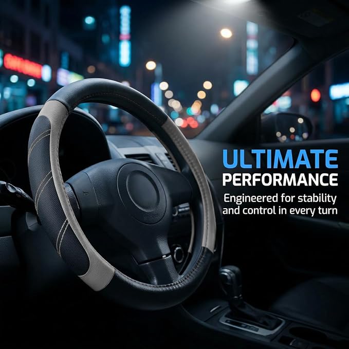 Osilly Car Steering Wheel Cover, 14.5-15" Leather Breathable Anti-Slip Stylish Steering Wheel Protector, Comfortable Auto Interior Decoration Accessories, Universal for SUV Van Truck (Black Gray)