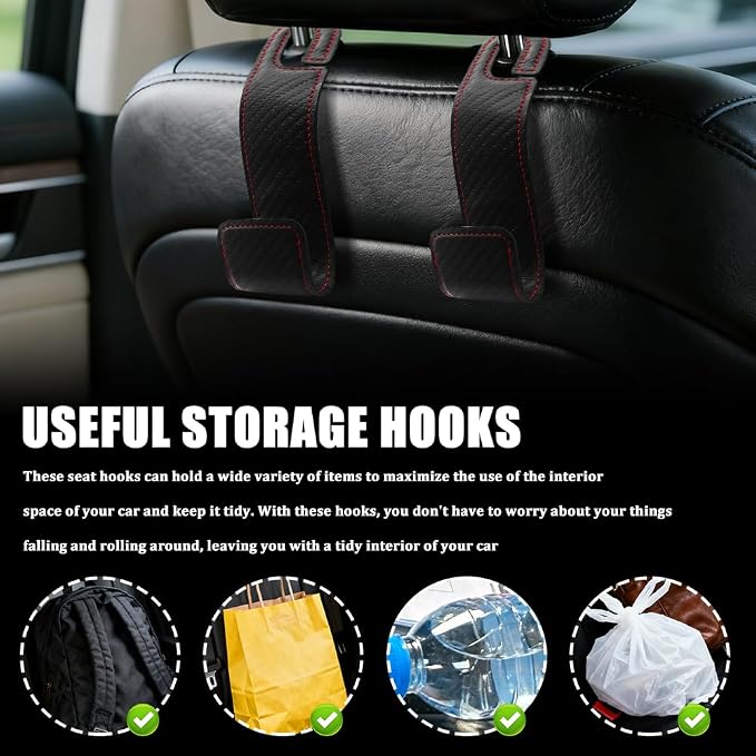 2PCS Car Seat Headrest Hooks, Purse Hook for Car, Automotive Headrest Handbags Holder, Auto Accessories Leather Seatback Organizer Hanger for Hanging Purses Bags Coats (Carbon Fiber, 2PCS)