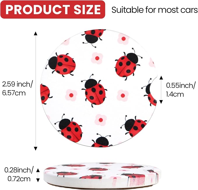 2 Pack Ladybug Car Coasters for Women Car Cup Holder Coasters, 2.63 Inch Anti Slip Ceramic Absorbent Coaster with Cork Base and Finger Notch, Funny Car Accessories Interior