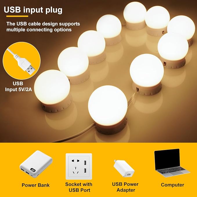 LED Vanity Lights for Mirror, Consciot Hollywood Style with 10 Dimmable Bulbs, Adjustable Color & Brightness, USB Cable, Stick on for Makeup Table Dressing Room Mirror