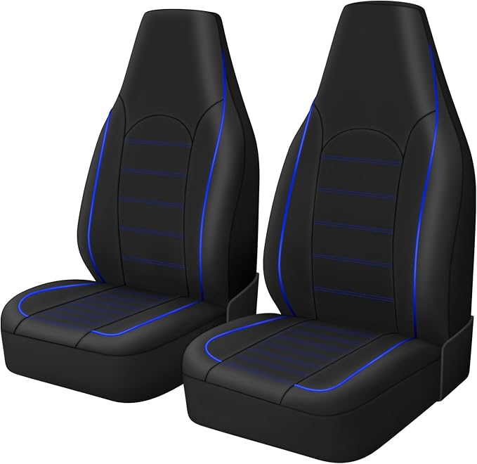 TOYOUN Classic Universal PU Leather Car Front Seat Covers High Back Bucket Seat Cover - Fit Most Cars, Trucks, SUVS, or Vans 2 PCS Blue Trim Auto Seat Covers Set Car Seat Protector for All Seasons