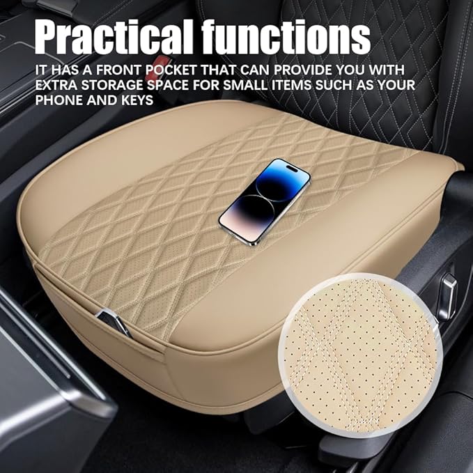 Leather Front Car Seat Cover, Anti-Slip Car Seat Bottom Covers, Full Wrapped Bottom Seat Protectors with Storage Pocket, Universal Comfortable Seat Cushion Fit Vehicles SUVs Trucks (Beige)