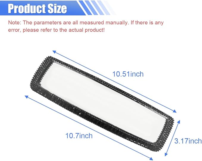 Bling Car Rear View Mirror, Clip-On Rhinestone Car Rearview Mirror with Crystal Diamonds, HD Glass Auto Interior Rear View Mirror, Car Decoration Accessories for Women Men Teens (Black)